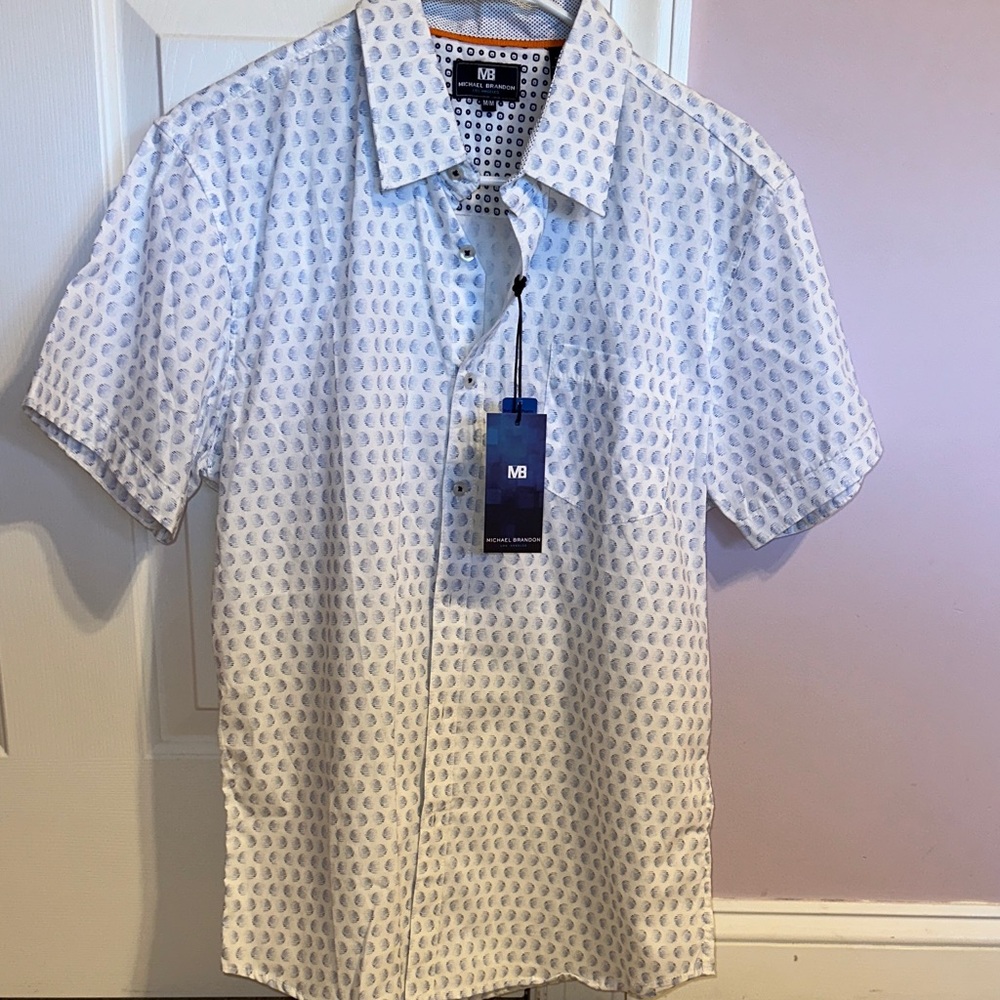 Michael Brandon White and Blue Patterned Shirt